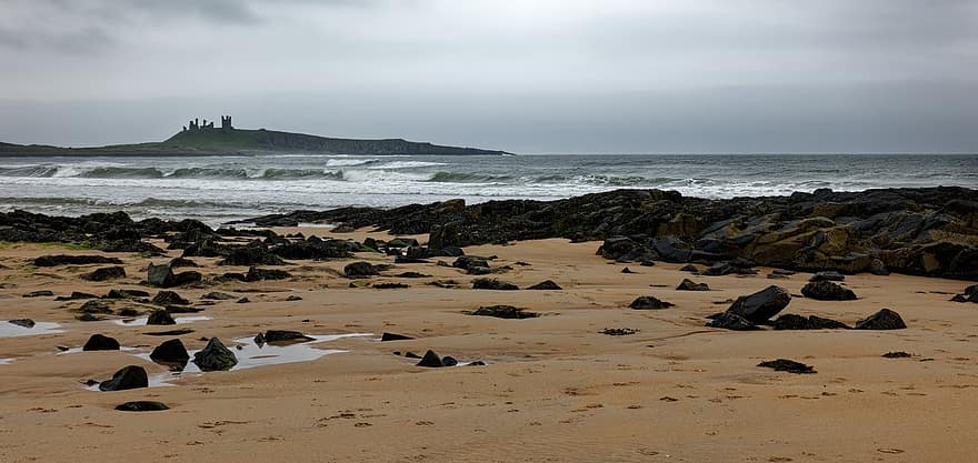 kust, Northumberland, oceaan, landschap, kustlijn