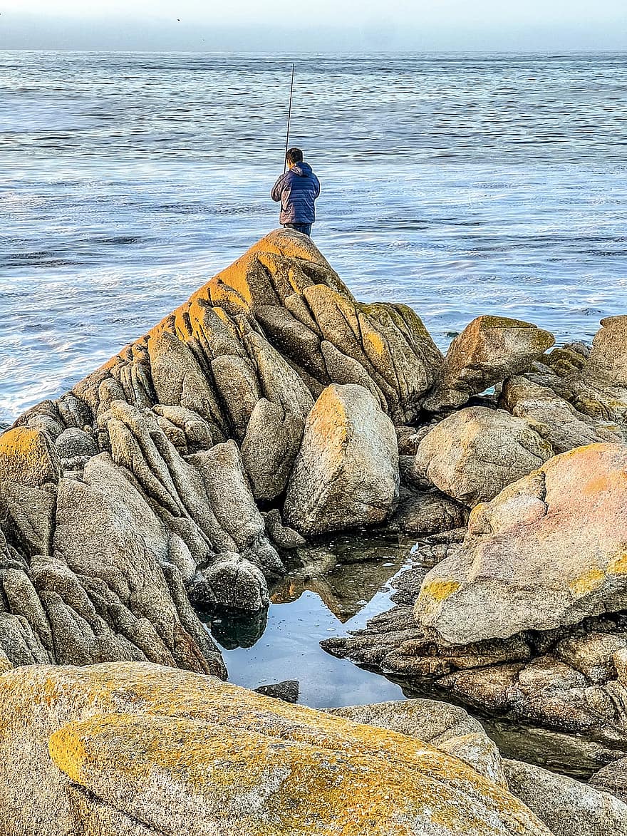 pescar, Monterey, formacion de roca, mar, Oceano, pescador de caña, agua, rock, hombres, acantilado, aventuras