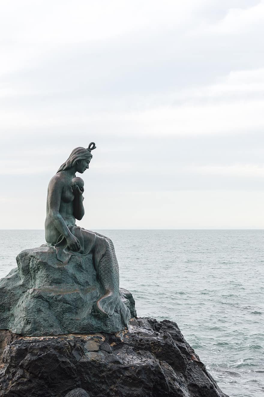 sereia, estátua, mar, praia de haeundae, Rocha, escultura, monumento, de praia, oceano, costa, litoral