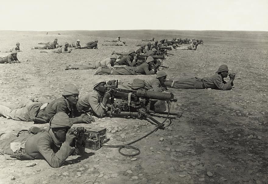 картечница, войници, преден, войска, световна война i, Първата световна война, WW1, Черно и бяло, 1917