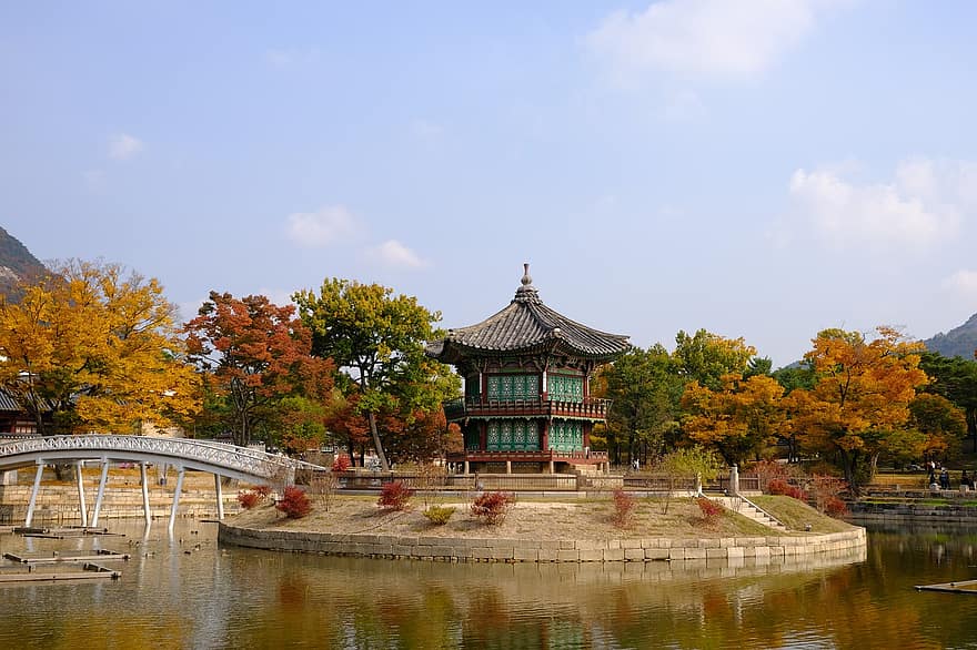 jesień, Natura, pałac gyeongbuk, drzewo, jezioro, Seul
