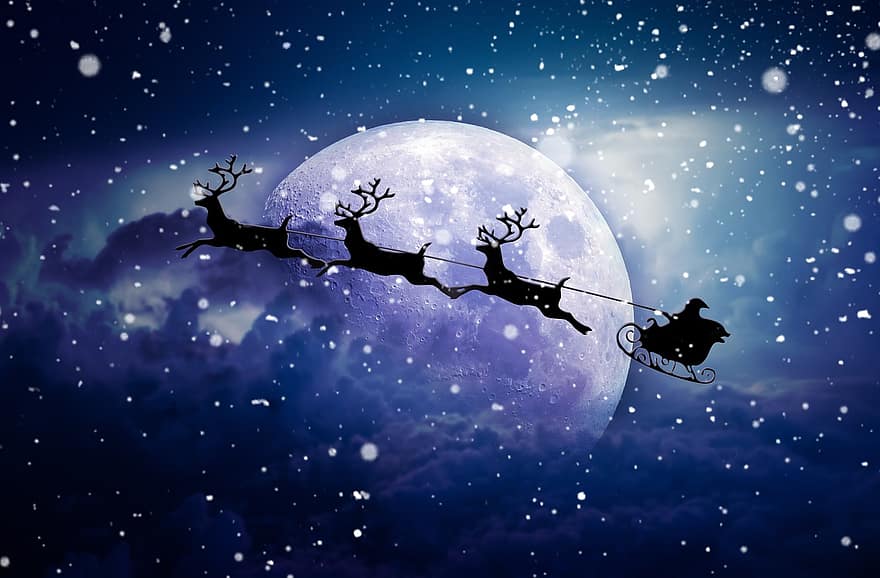 луна, Дядо Коледа, Северен елен, нощ, пързалка, небе, Коледа, Дядо, пейзаж, Николас, идване