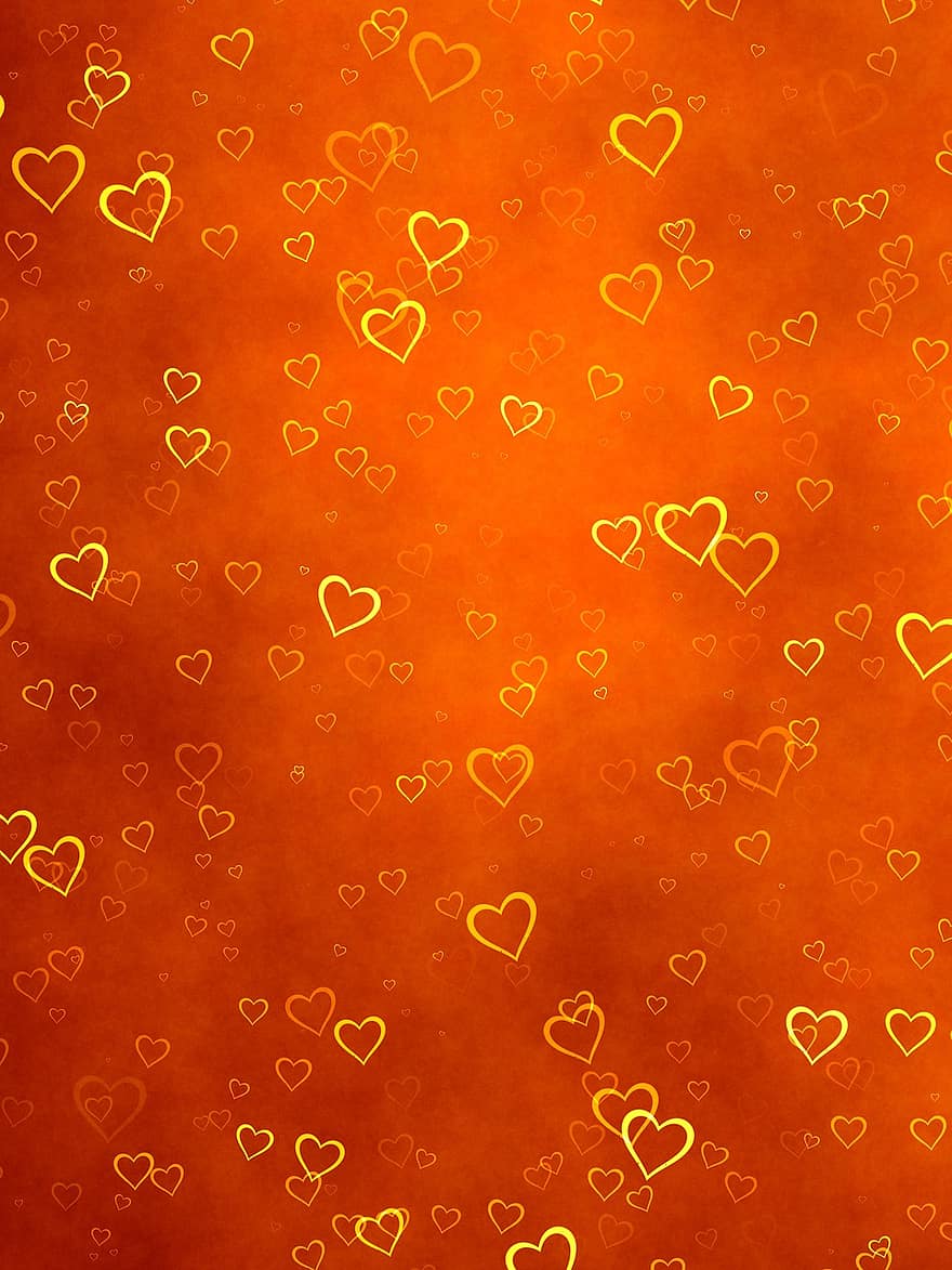 Background, Orange, Hearts, Gold, Blurred, Orange Background