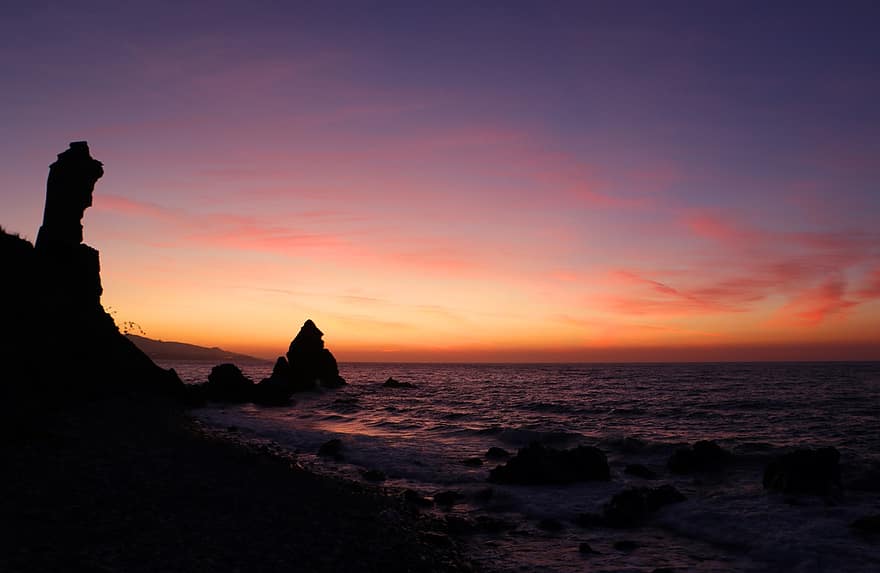 zonsondergang, zee, silhouet, horizon, klippen, rotsen, rotsformatie, oceaan, water, landschap, toneel-
