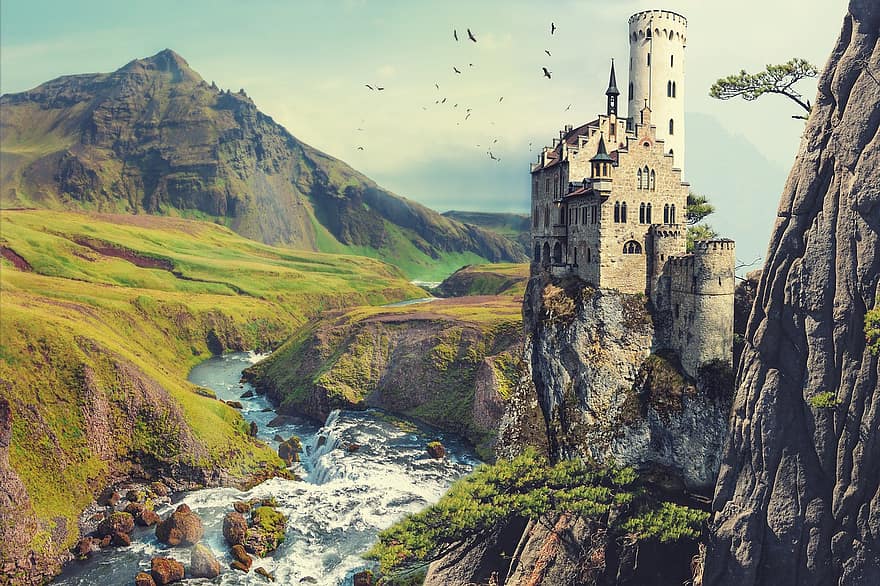 Castle, Fortress, River, Birds, Mountain, Nature, Sky, Clouds, Fantasy