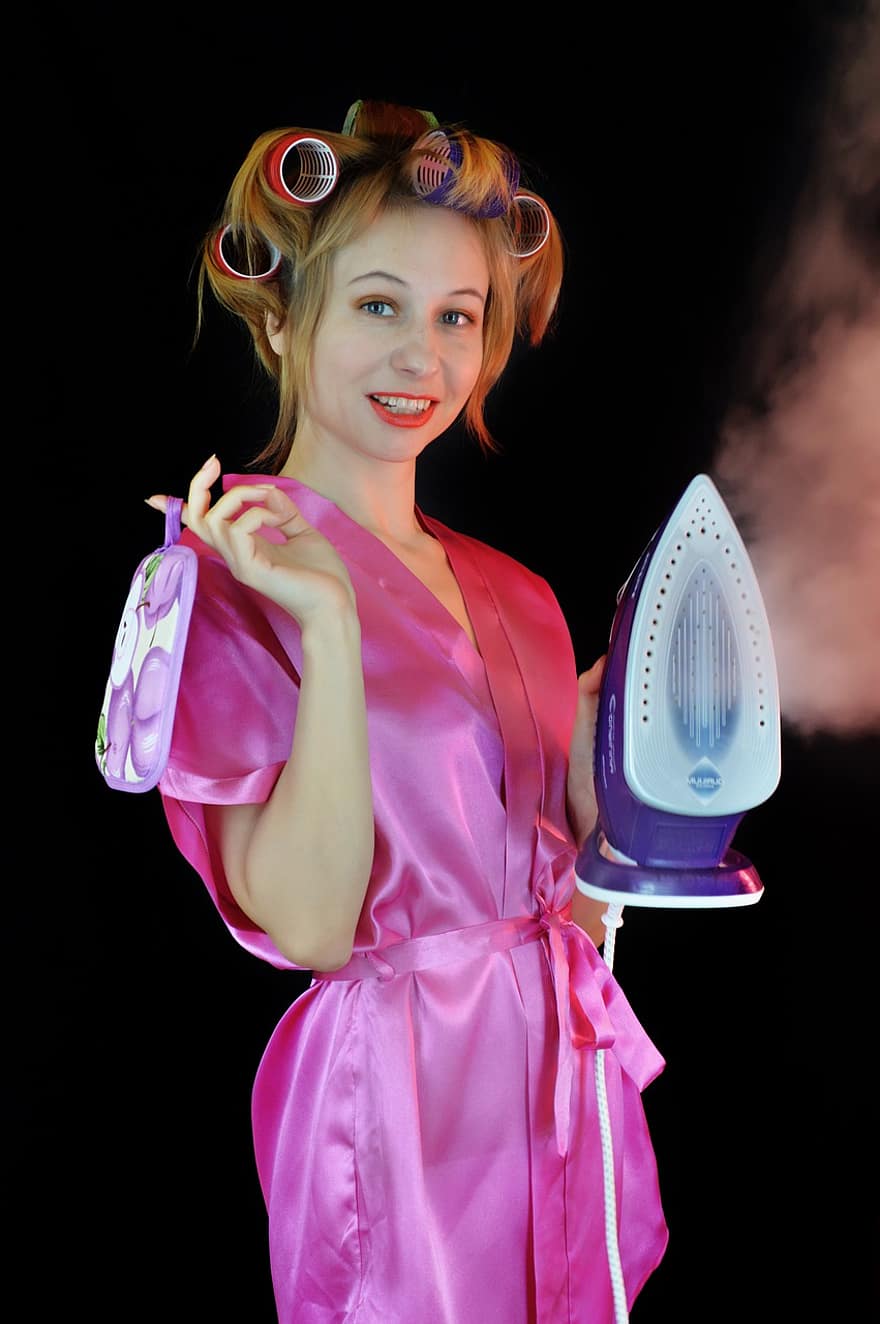 Woman, Iron, Housewife, Wife, Mistress, Robe, Curler, Ironing, Cleaning, Distrust, Nagging