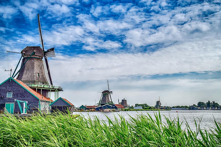 네덜란드, 풍차, 물, 한 지방, 저수지, 마을, 시골의, 관광 여행