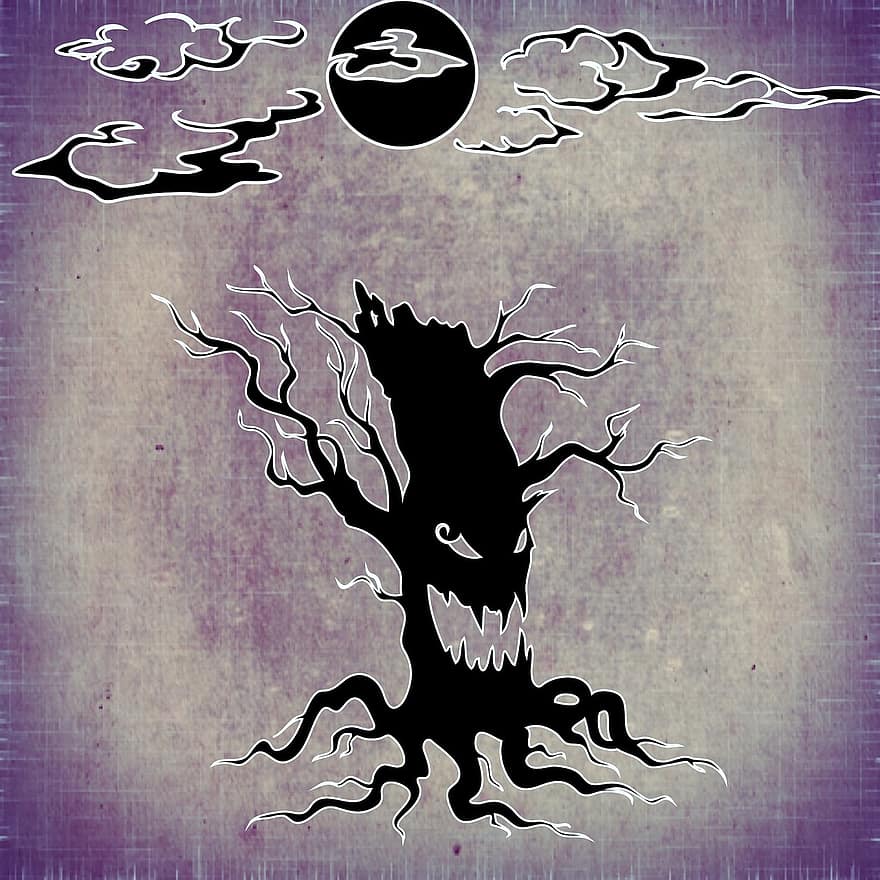 halloween, drzewo, dziwne, księżyc, przerażający
