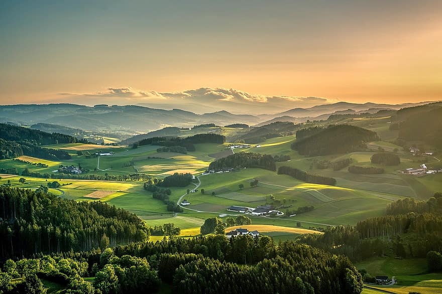 matahari terbenam, suasana malam, mühlviertel, Austria, austria atas, waxenberg, lanskap budaya, pemandangan pedesaan, pemandangan, padang rumput, tanah pertanian