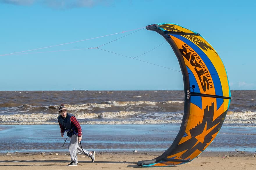 kitesurfing, vind, strand, ocean, hav, mand