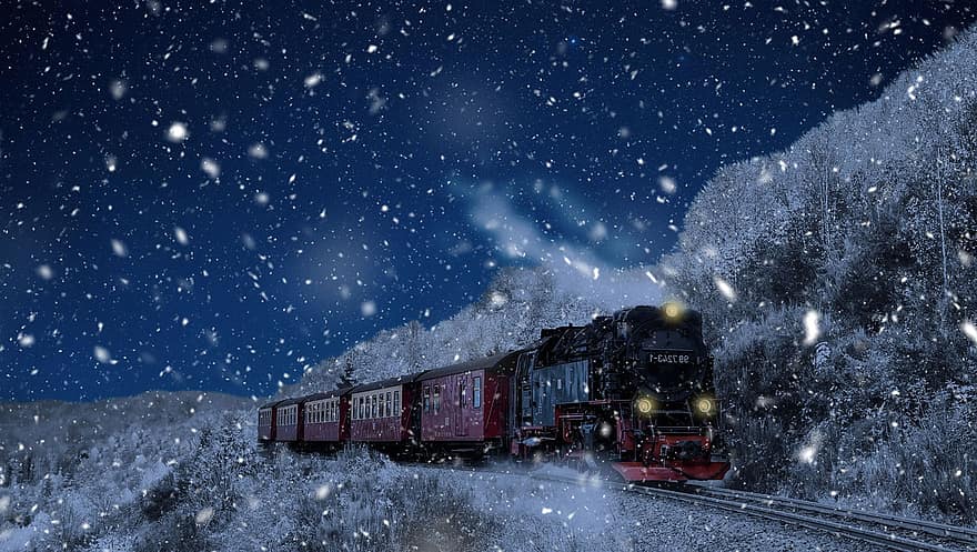 jul, tåg, spår, rails, järnväg, transport, lokomotiv, kabyss, snö, snöflingor, vinter-