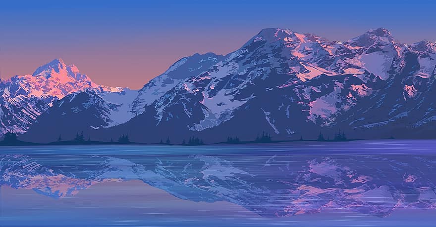 ilustración, vector, montañas, puesta de sol, agua, lago de montaña, naturaleza, figura, fondo, gráficos
