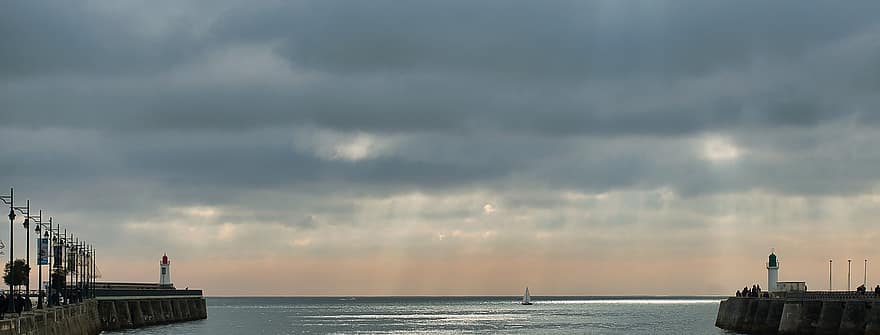 Port, Lighthouse, Sea, Overcast, Cloudy Day, water, coastline, sunset, dusk, wave, cloud