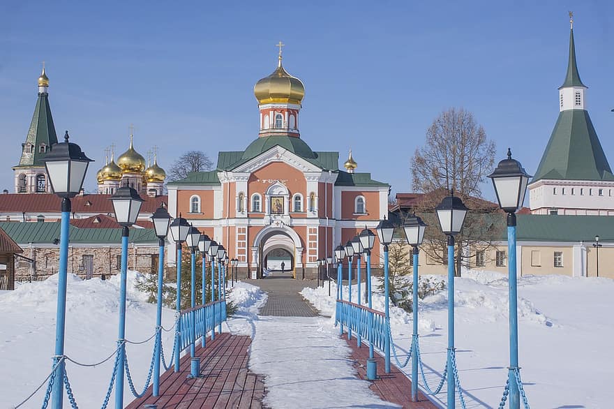 Valday, klooster, sneeuw, winter, gebouw, straatverlichting, pad, architectuur, Russisch orthodox, Christendom, religie