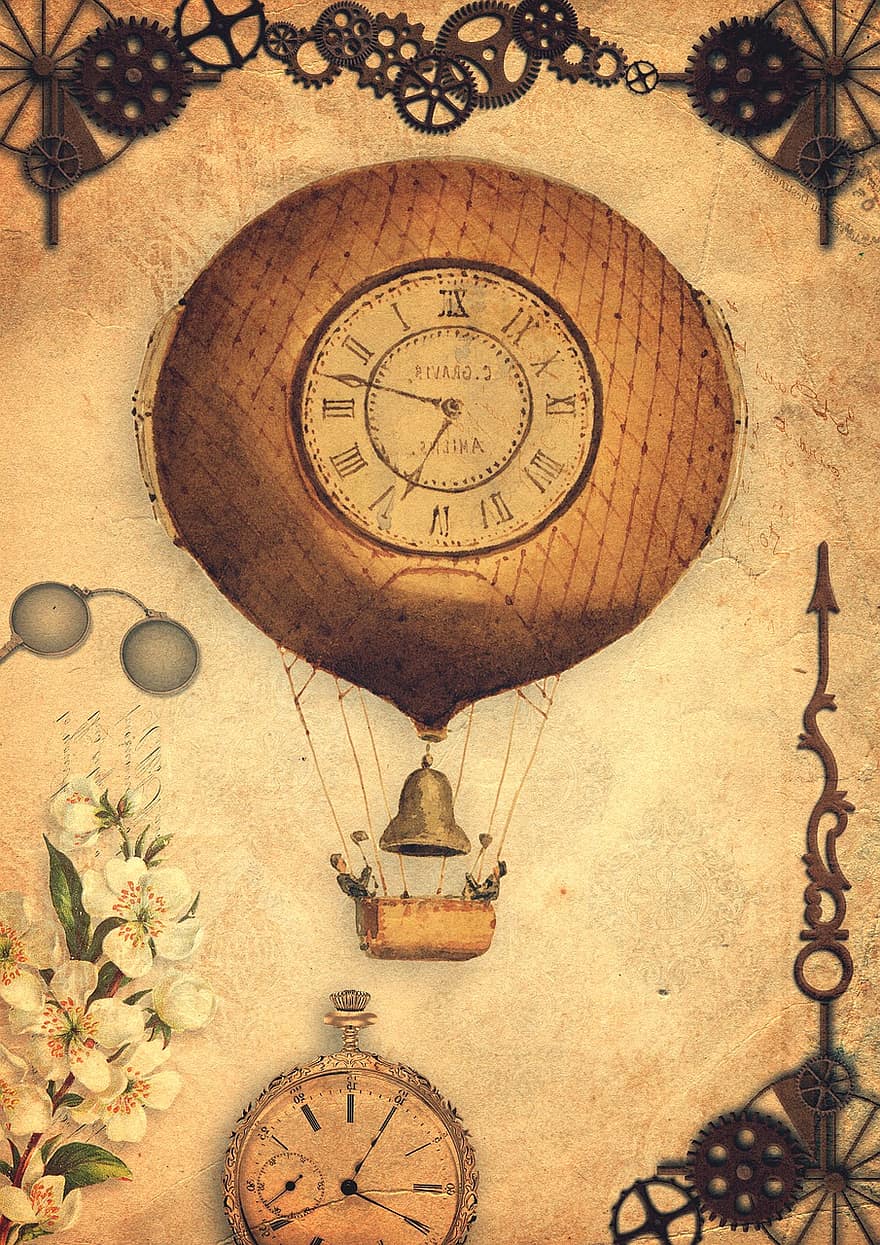 hőlégballon, fogaskerekek, óra, idő, zsebóra, régi, harang, fém, virágok
