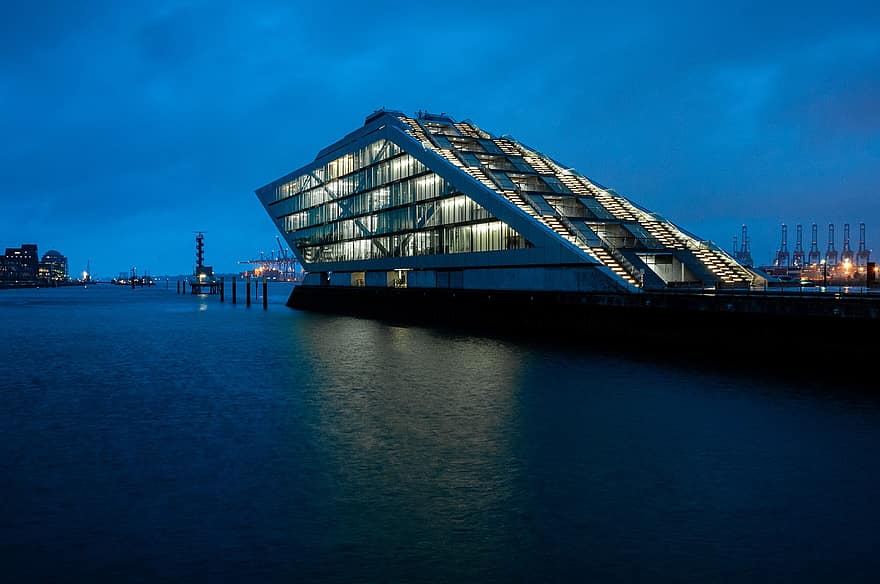 Dockland, Hamburg, clădire, port, arhitectură, amurg, oră albastră, râu, Elbe, oraș, noapte