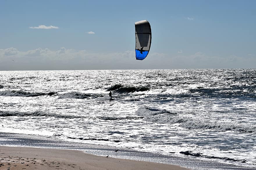 oceán, muž, surfař, papírový drak, kite surfing, vln, moře, surfovat, akce, sport, pláž
