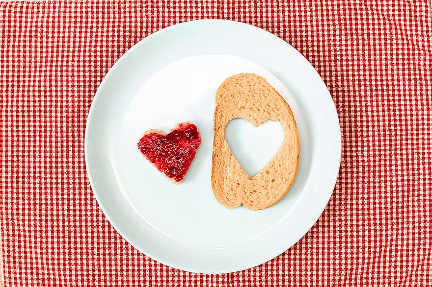 un pan, corazón, mermelada, desayuno, comida, dulce, nutrición, amor, vegetariano, postre, forma de corazón