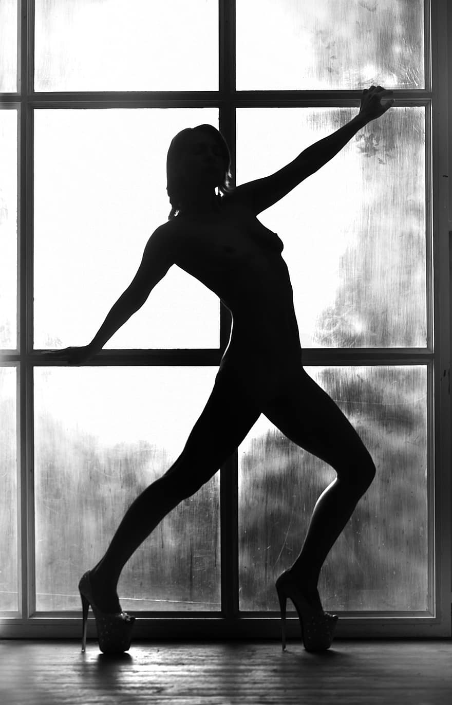 femme, modèle, corps, silhouette, figure, circuit, la fenêtre, lumière, ombre, posture, des chaussures