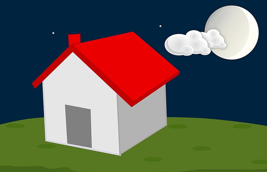 nhà ở, ngành kiến ​​trúc, đêm, mặt trăng, đám mây, mái nhà, cửa sổ, cửa, gạch, ống khói, Trang Chủ