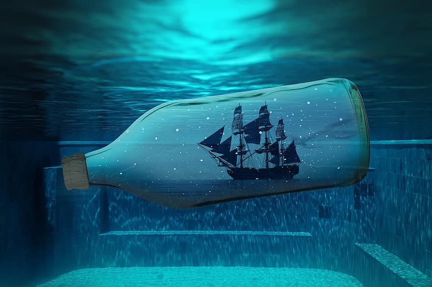 Pirat skip, flaske, under vann, vann, basseng, dykking, svømme~~POS=TRUNC, nautisk fartøy, blå, skip, transport