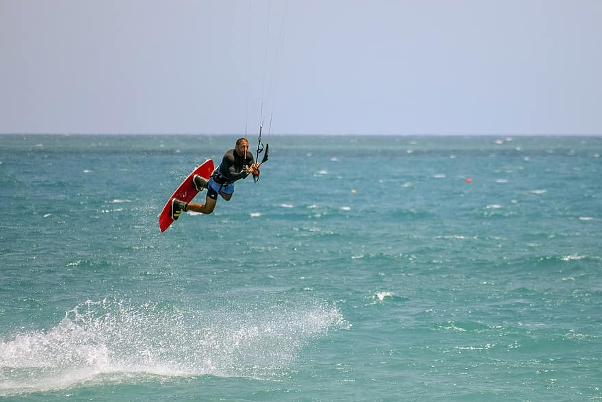 kitesurfen, jumping, figuur, springen, sport, zee, extreem, kitesurfer, actief, dom, zomer