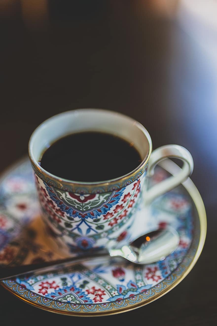 káva, pohár, napít se, horký, nápoj, čajová lžička, stůl, podšálek, detail, kávový šálek, teplo