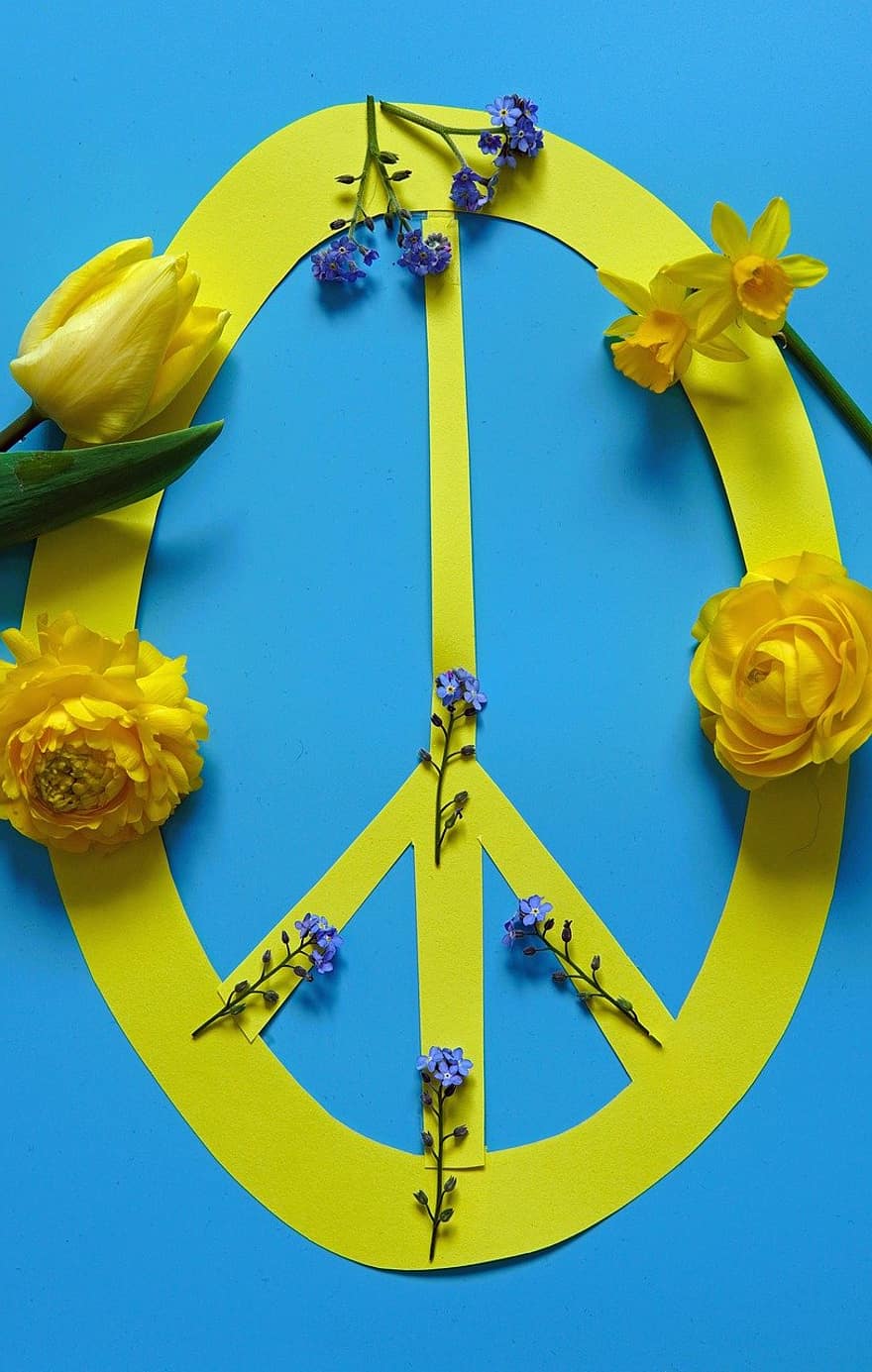 vrede, vredesteken, tegen oorlog, Oekraïne, geel blauw, Oekraïne kleuren, symbool, Pasen 2022, Lente 2022, bloem, bloesems