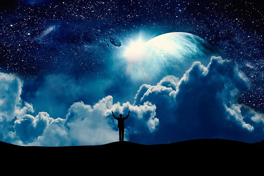 osoba, silueta, nebe, mraky, planeta, prostor, vesmír, atmosféra, fantazie, astronomie, hvězd