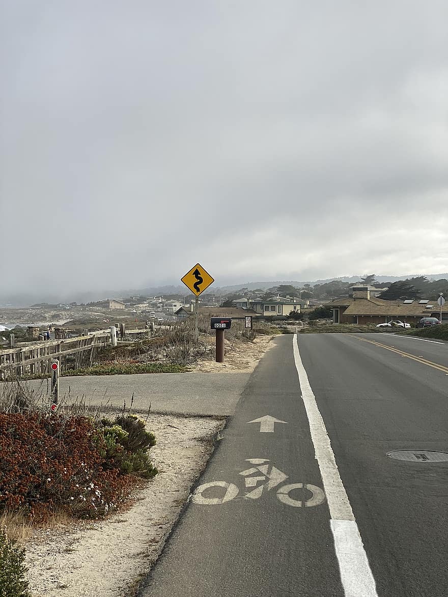 biciclete, drum, semn, ocean, noros, Pacific Grove