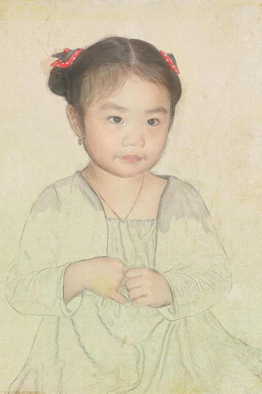 Portrait, Girl, Painting, Asian, Young, Child, Kid, Cute