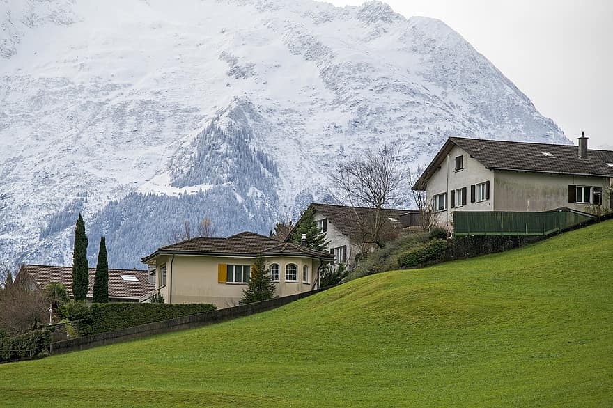 casas, colinas, aldeia, Cidade, Suíça, inverno