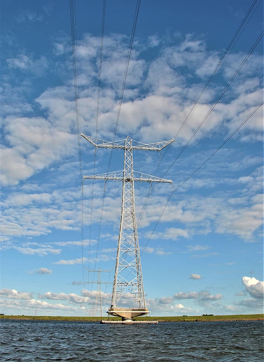 elektriskais pilons, salu, transmisijas tornis, jūra, elektroenerģijas tornis