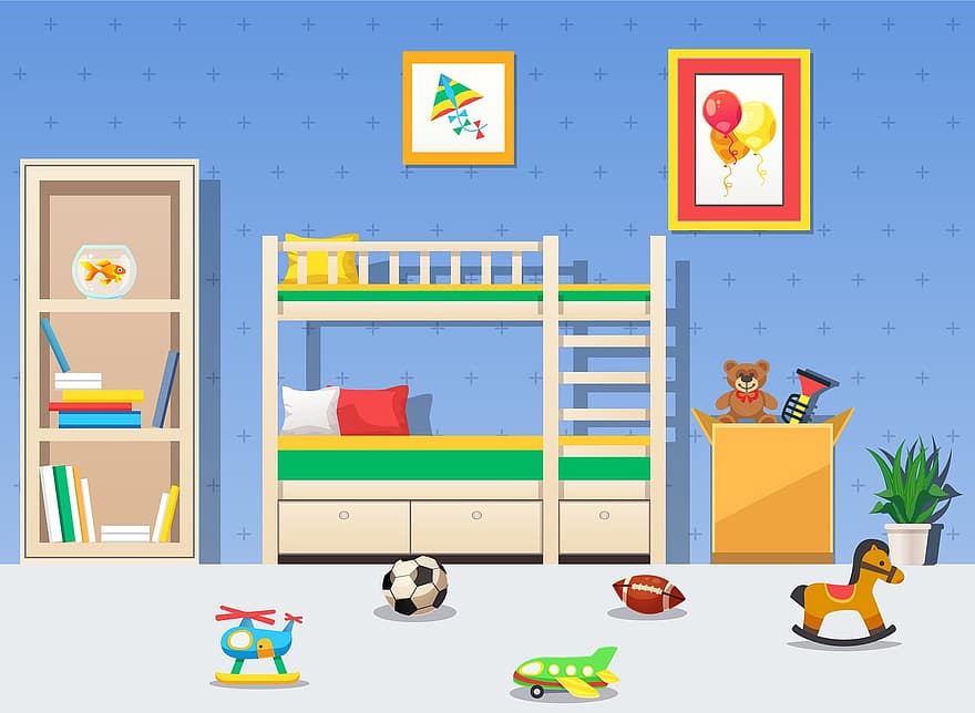 bērnu istaba, rotaļlietas, bērns, bērniem, mazulis, istaba, bērnu guļamistaba, guļamistaba, divstāvīga gulta, interjeru, karikatūra