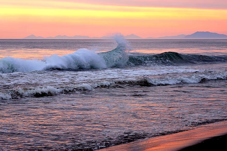 samudra, gelombang, pantai, pasir, Fajar, air, matahari terbenam, garis pantai, musim panas, senja, matahari terbit
