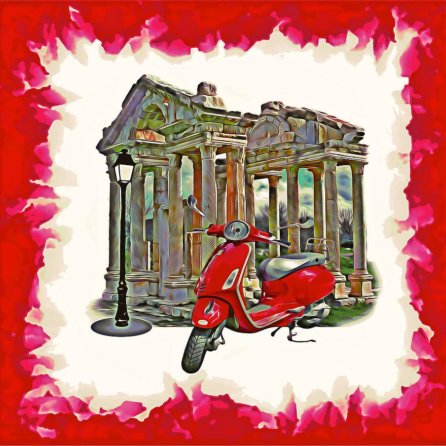 Vespa, Rome, Temple, Architecture, Poster, Painting, Background, Postcard, Italy, motorcycle, transportation