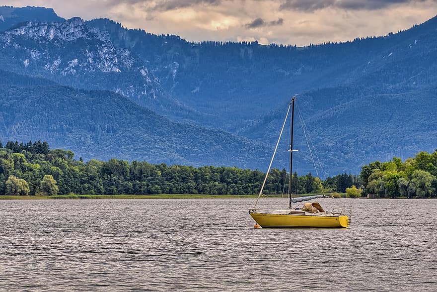 paisaje, Chiemgau, lago, Chiemsee, bote, naturaleza