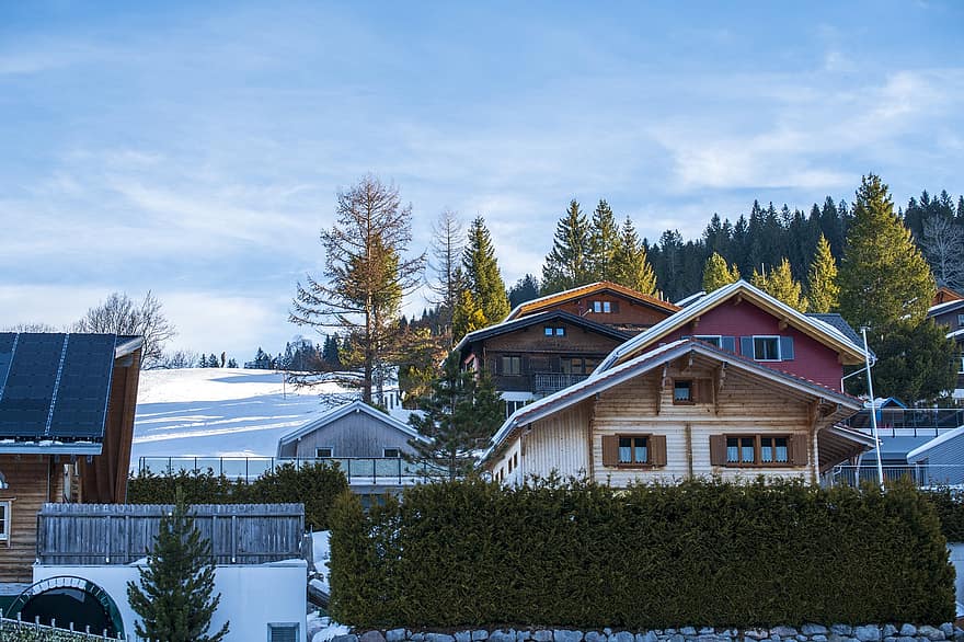 スイス、冬、空、シュヴィーツのブルニカントン、木、家、雪、自然、コテージ、木材、山