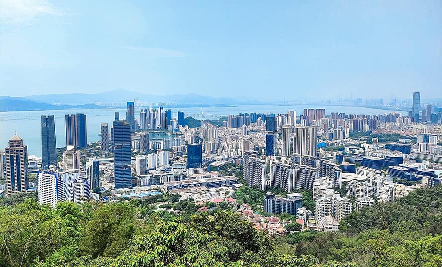 Shenzhen, miestas, modernizavimas, pastatas, aukštas pastatas, peizažas, dangoraižis, struktūrą, jūros, mėlyna, miesto vaizdą