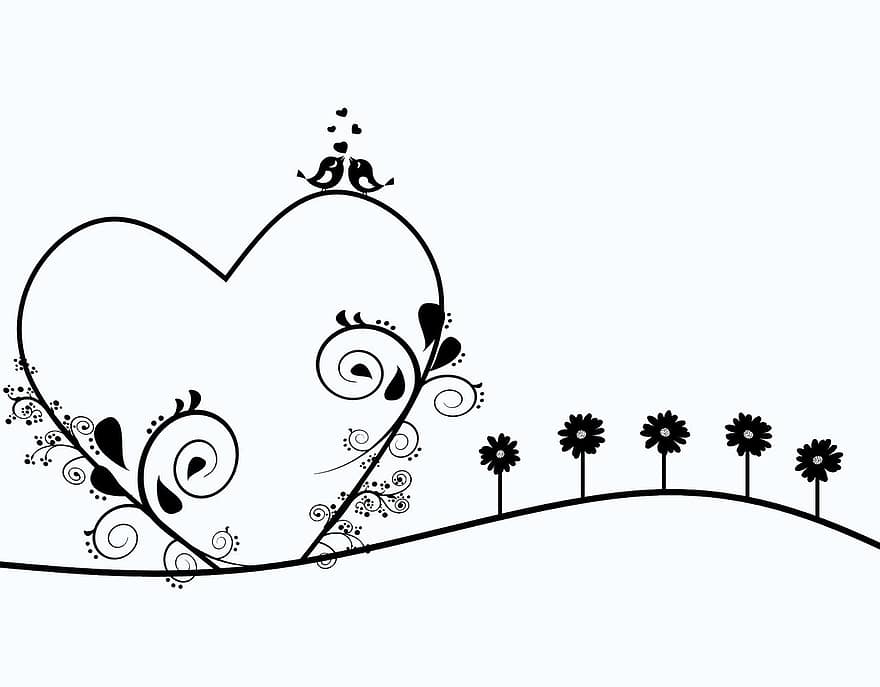 sirds, zīmējums, dārzs, ziedi, Valentīndiena, garland, fona, robežu, vektoru, ilustrācija, siluets