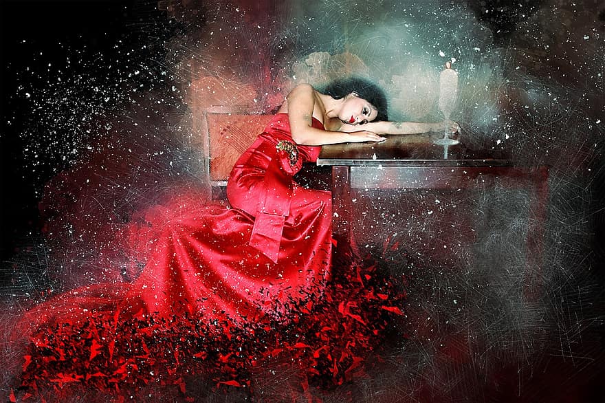 Girl, Long Dress, Red, Pensive, Art, Abstract, Watercolor, Vintage, Table, Candle, Woman