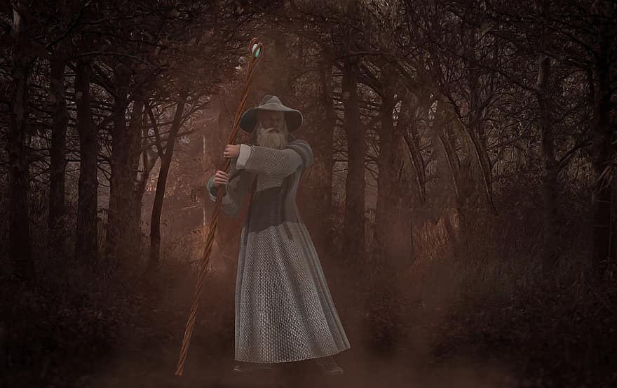 Background, Woods, Foggy, Wizard, Fantasy, Old Man, Character, Digital Art