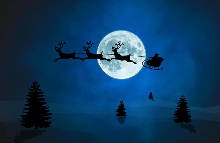 santa slee, Kerstmis, silhouet, Kerstman, slee, rendieren, maan, volle maan, maanlicht, nacht, avond