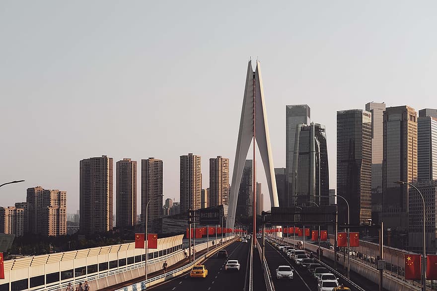 мост, небоскребы, строительство, Дорога, Китай, Chongqing, город, городской пейзаж, небоскреб, архитектура, движение