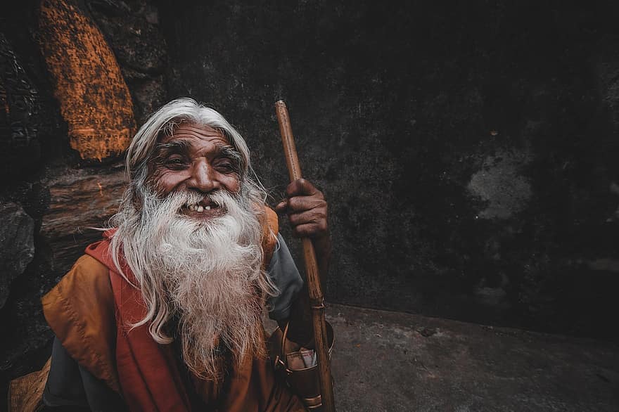 pria, lebih tua, senior, jenggot, tersenyum, orang, manusia, potret, Nepal, kathmandu