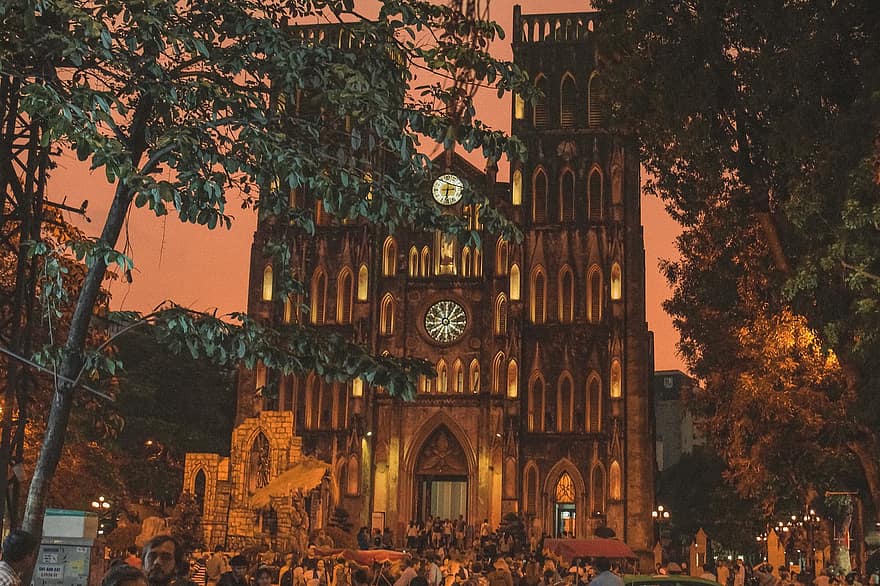 église, la cathédrale st joseph, le vietnam, hanoi, ville, Rue Nha Chung, nuit