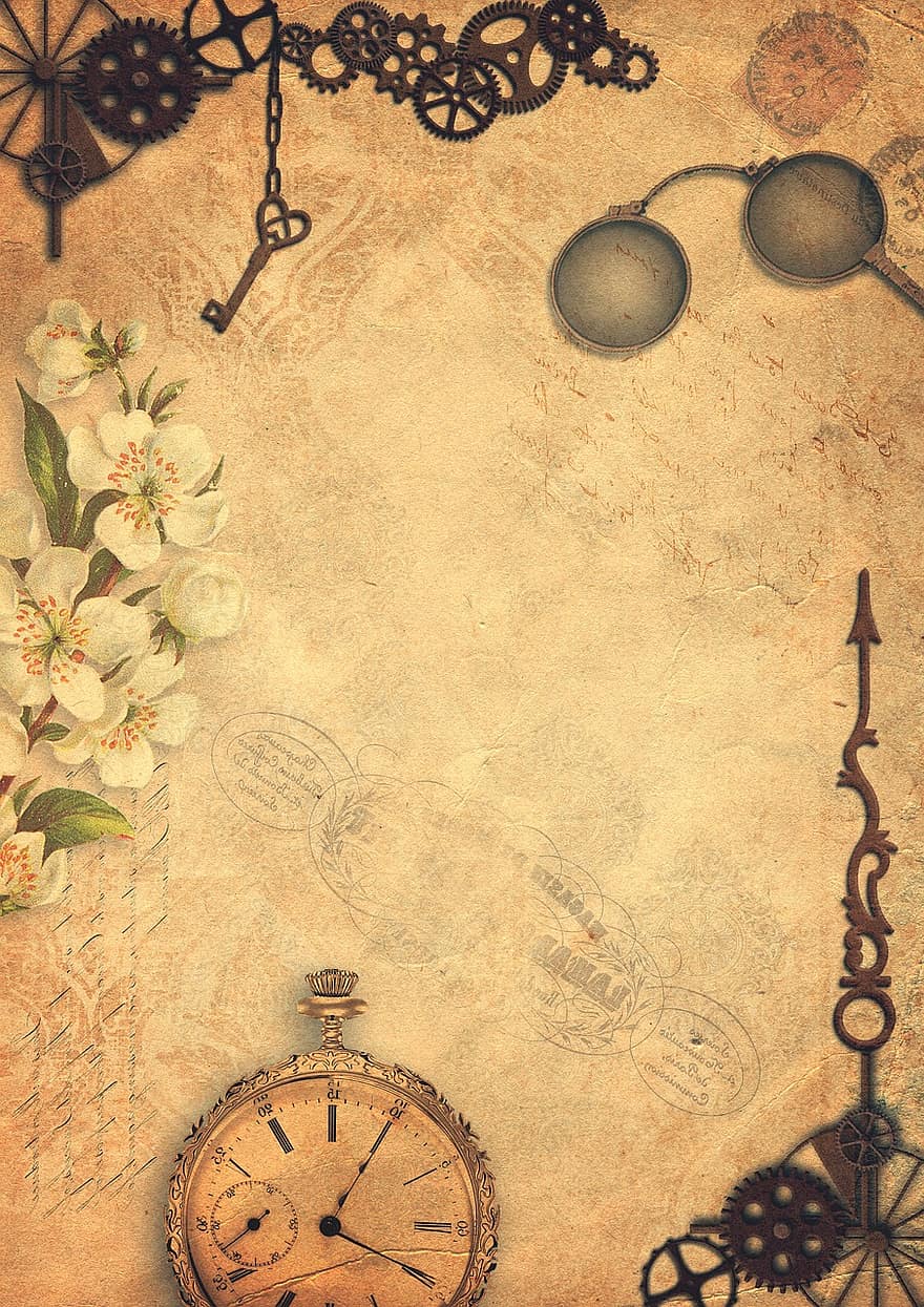 Steampunk, reloj, llave, victoriano, Tielbrille, reloj de bolsillo, las flores, modelo, sellos, grunge, textura