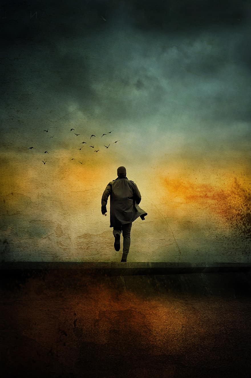 Man, Running, men, one person, adult, illustration, businessman, silhouette, sunset, dark, backgrounds