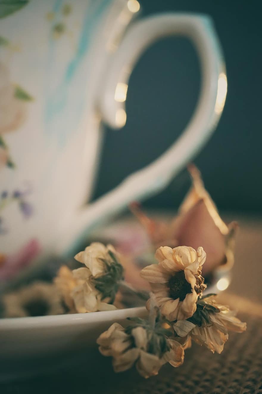زهور ، شاي ، كوب ، يشرب ، عتيق ، البابونج