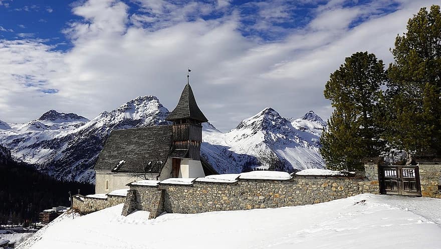 montañas, invierno, pueblo, Suiza, paisaje de invierno, nieve, paisaje, panorama de montaña, montaña, cristianismo, religión